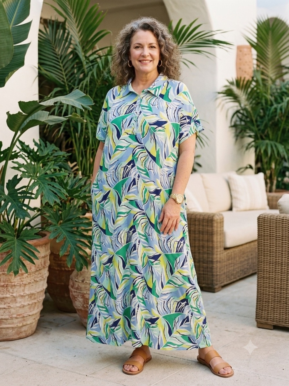 Stan Herman Tropical Leaf Woven Caftan Maxi Dress XL - Navy/Green